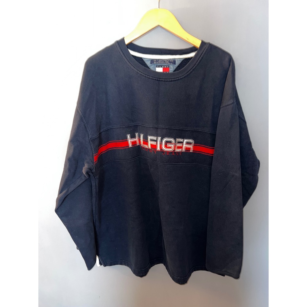Vintage Tommy Hilfiger Jeans Navy‎ Blue Embroidered Logo Sweatshirt XL 90s Mens